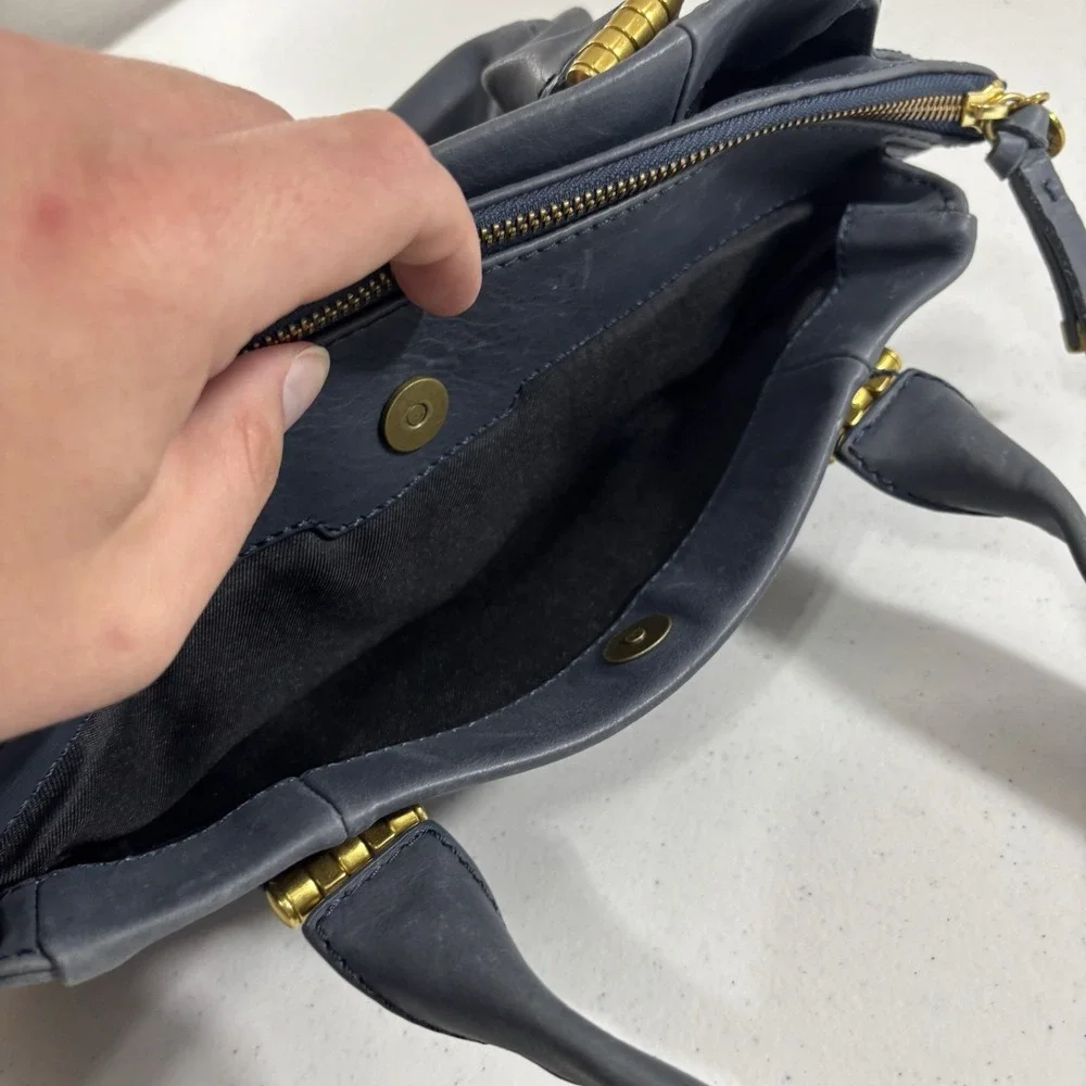 The Sak Serena Leather Handbag Navy Blue Tobacco Souk Floral Embossed